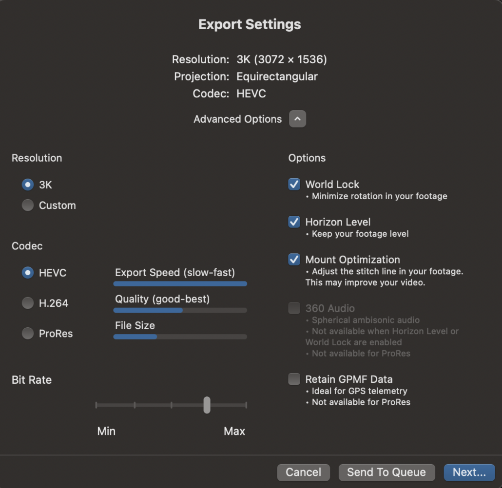 Screenshot of optimal export settings for the .360 file